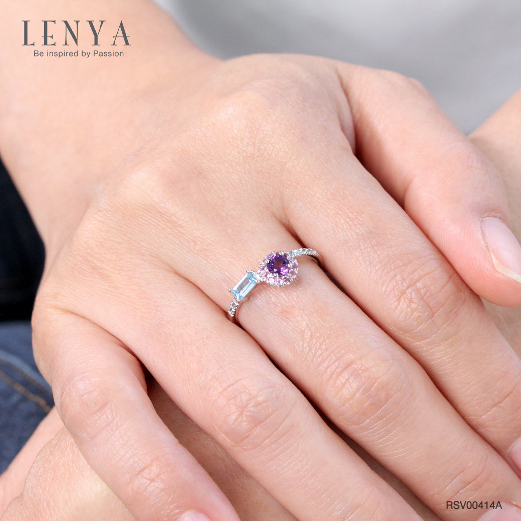LENYA แหวนเงินแท้ 925 ชุบทองคำขาว ประดับพลอย อเมทิสต์, บูลโทแพซ ตัวเรือนเงินแท้