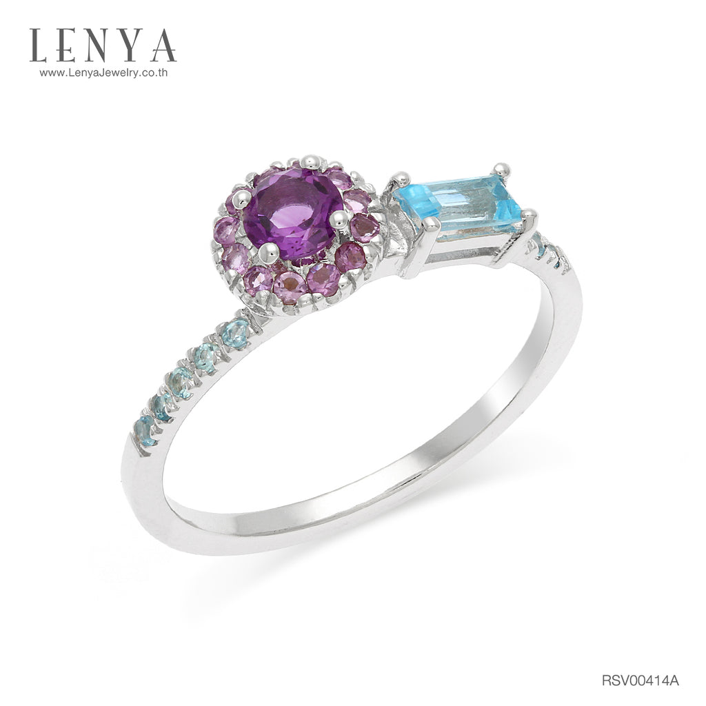 LENYA แหวนเงินแท้ 925 ชุบทองคำขาว ประดับพลอย อเมทิสต์, บูลโทแพซ ตัวเรือนเงินแท้
