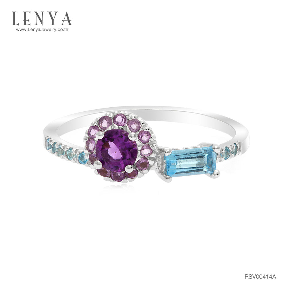 LENYA แหวนเงินแท้ 925 ชุบทองคำขาว ประดับพลอย อเมทิสต์, บูลโทแพซ ตัวเรือนเงินแท้
