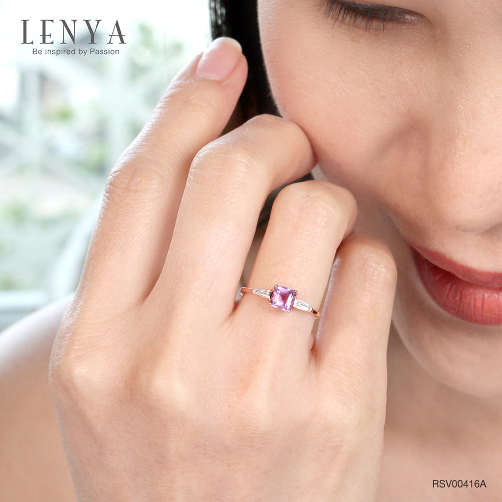 LENYA แหวนเงินแท้ ชุบพิงค์โกลด์ ประดับพลอยอเมทิสต์ (Amethyst)  และ CZ (Cubic Zirconia) เสริมบุคลิกความมั่นใจ เสริมให้มีสติ