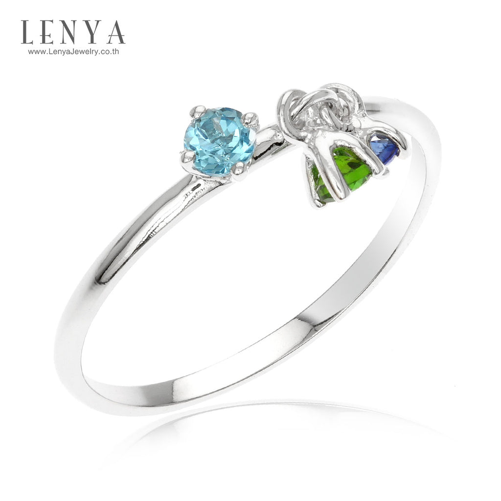 LENYA แหวนประดับพลอยแท้ 3 เฉดสี บูลโทแพซ (Blue Topaz),ไพลิน(Blue Sapphire)และ โครมไดออฟไซด์(Chrome Diopside) ตัวเรือนเงินแท้ ชุบทองคำขาว สวมใส่ได้ทุกโอกาส