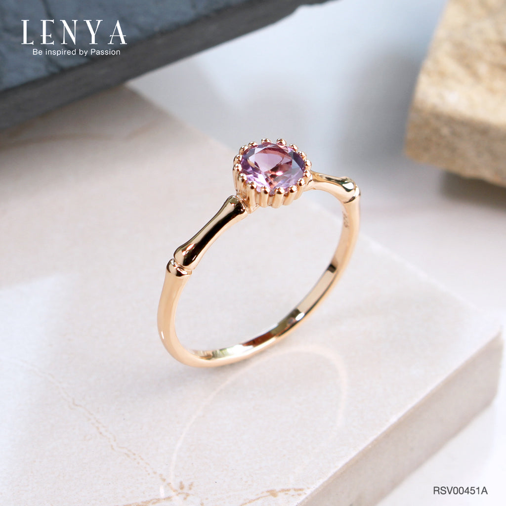 LENYA แหวนเงินแท้ 925 ชุปพิ้งโกล ประดับพลอยอเมทิสต์ (Amethyst) ทรงกลม 1 เม็ด  ช่วยผ่อนคลายความเครียด และความโกรธให้คลายลง
