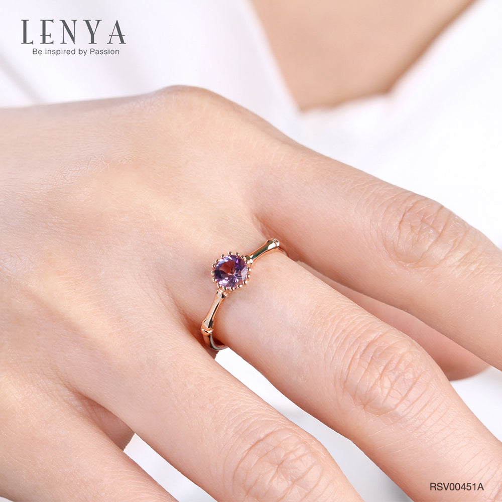 LENYA แหวนเงินแท้ 925 ชุปพิ้งโกล ประดับพลอยอเมทิสต์ (Amethyst) ทรงกลม 1 เม็ด  ช่วยผ่อนคลายความเครียด และความโกรธให้คลายลง