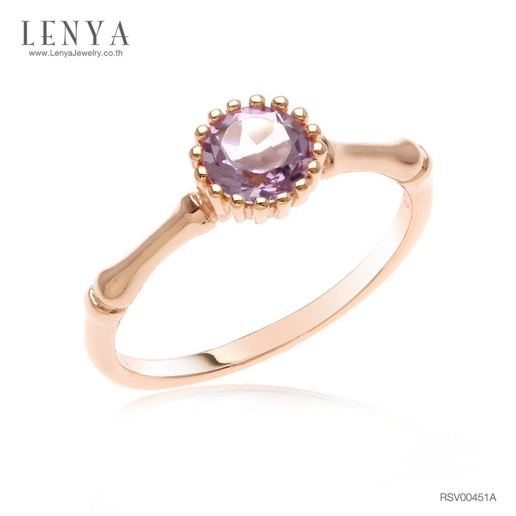 LENYA แหวนเงินแท้ 925 ชุปพิ้งโกล ประดับพลอยอเมทิสต์ (Amethyst) ทรงกลม 1 เม็ด  ช่วยผ่อนคลายความเครียด และความโกรธให้คลายลง