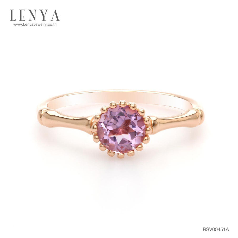LENYA แหวนเงินแท้ 925 ชุปพิ้งโกล ประดับพลอยอเมทิสต์ (Amethyst) ทรงกลม 1 เม็ด  ช่วยผ่อนคลายความเครียด และความโกรธให้คลายลง
