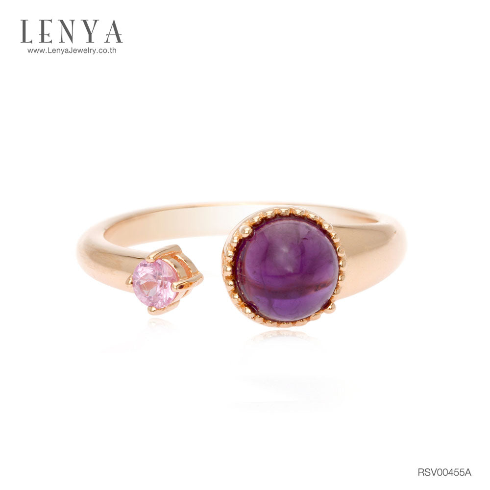 LENYA แหวนเงินแท้ ชุบพิงค์โกลด์ ประดับอเมทิสต์ (Amethyst) และ แซฟไฟร์สีชมพู (Pink Sapphire) ดีไซน์เรียบเก๋ ดูมีสไตล์