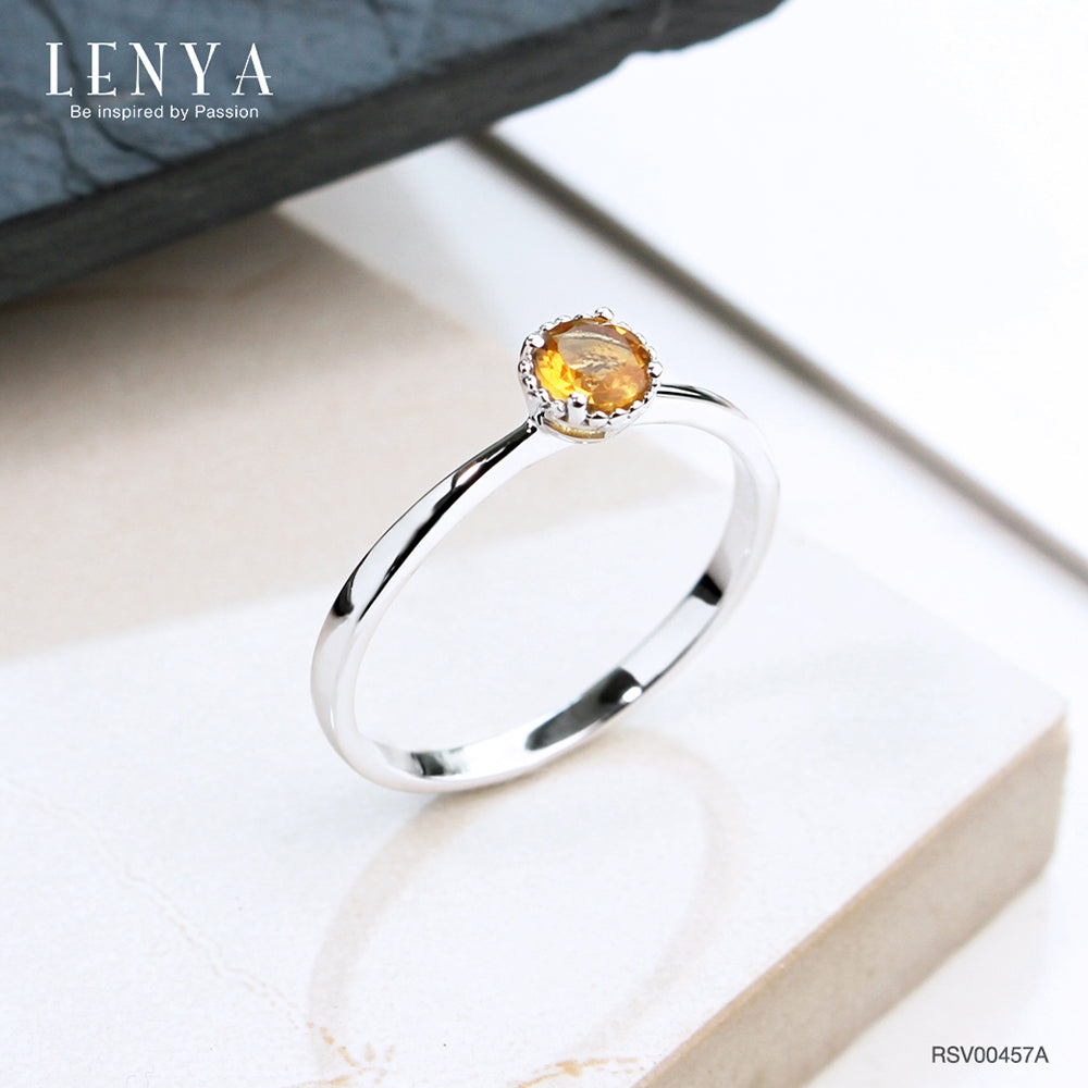 LENYA แหวนเงินแท้ 925ตัวเรือนชุบทองคำขาว ประดับพลอยซิทริน (citrine) ขนาด 4.00 mm เรียบเก๋สะดุดตา