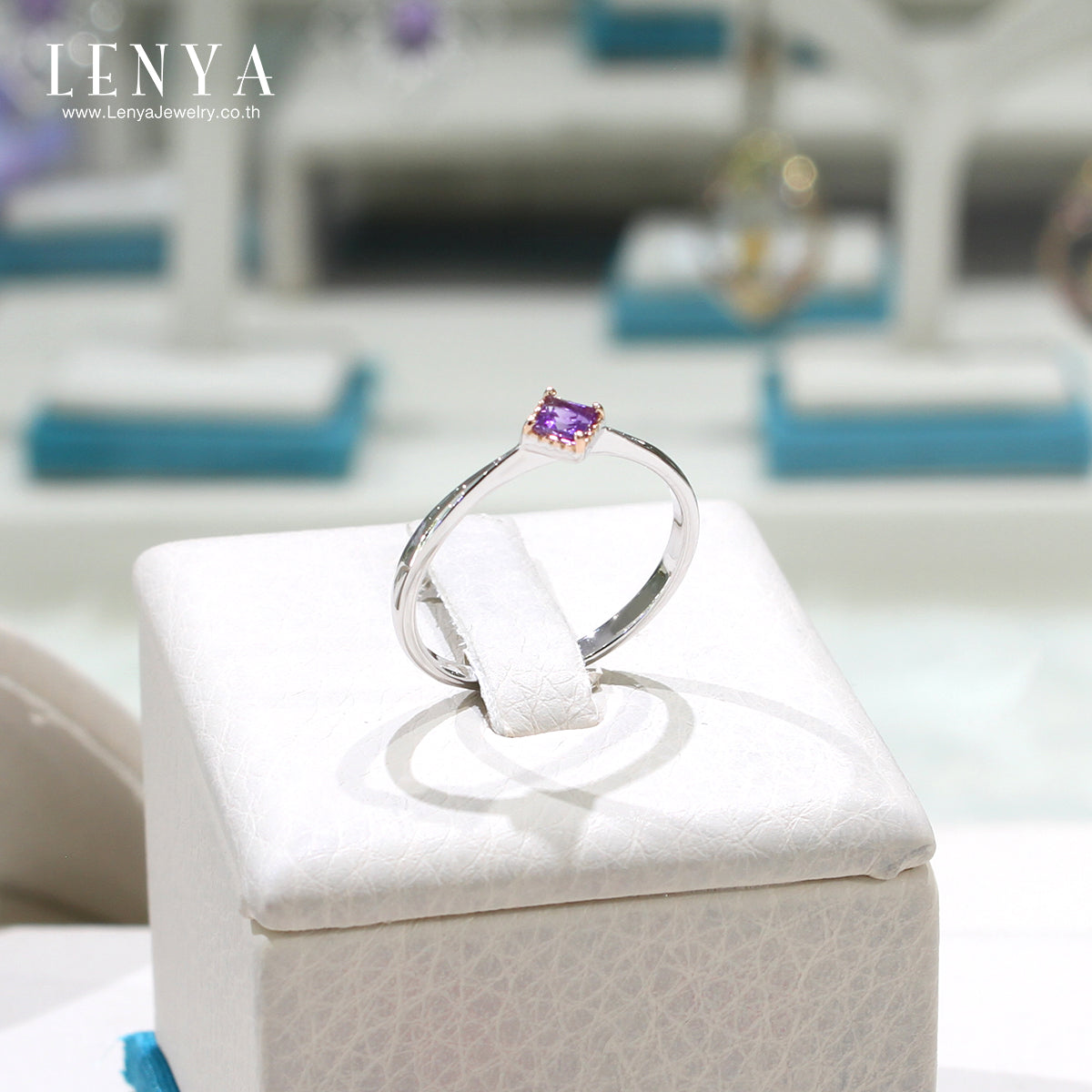 LENYA แหวนอเมทีสต์ (Amethyst) ทรงสี่เหลี่ยม ขนาด 3.00 mm ตัวเรือนเงินแท้ชุบทองโรเดียมและพิ้งค์โกล์ด