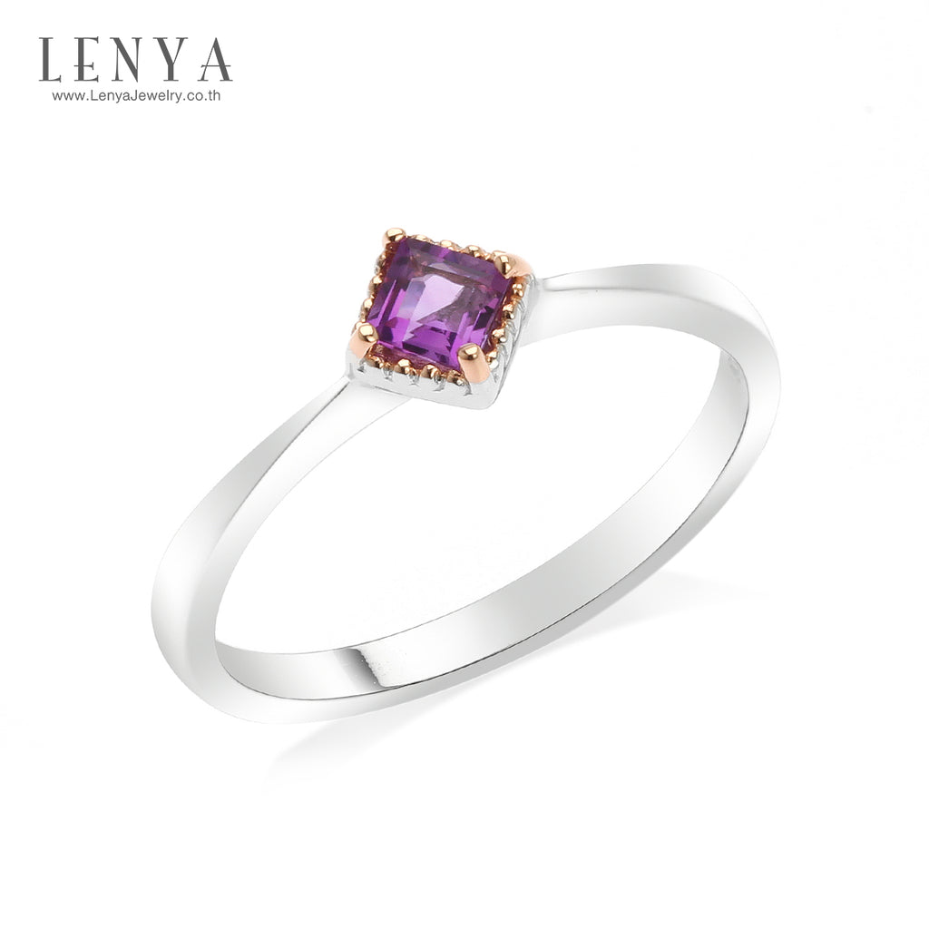 LENYA แหวนอเมทีสต์ (Amethyst) ทรงสี่เหลี่ยม ขนาด 3.00 mm ตัวเรือนเงินแท้ชุบทองโรเดียมและพิ้งค์โกล์ด