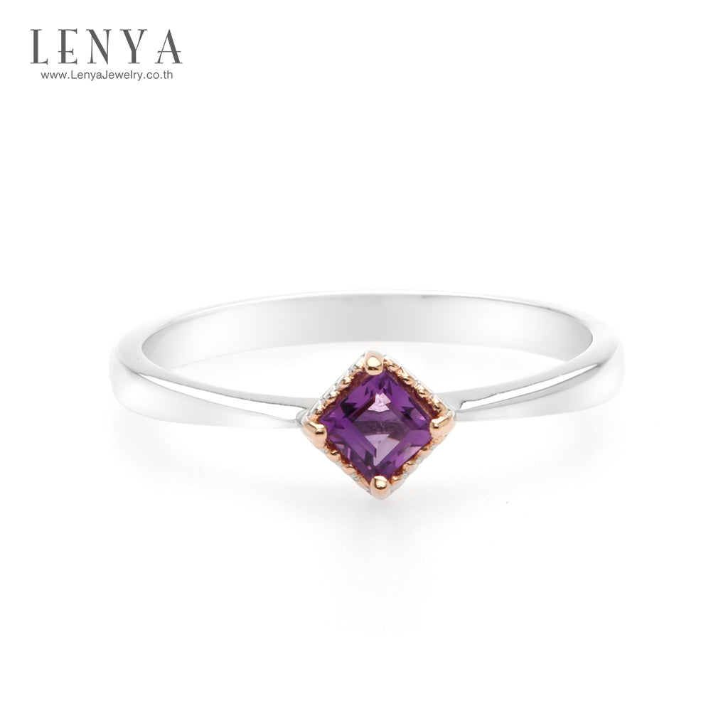 LENYA แหวนอเมทีสต์ (Amethyst) ทรงสี่เหลี่ยม ขนาด 3.00 mm ตัวเรือนเงินแท้ชุบทองโรเดียมและพิ้งค์โกล์ด