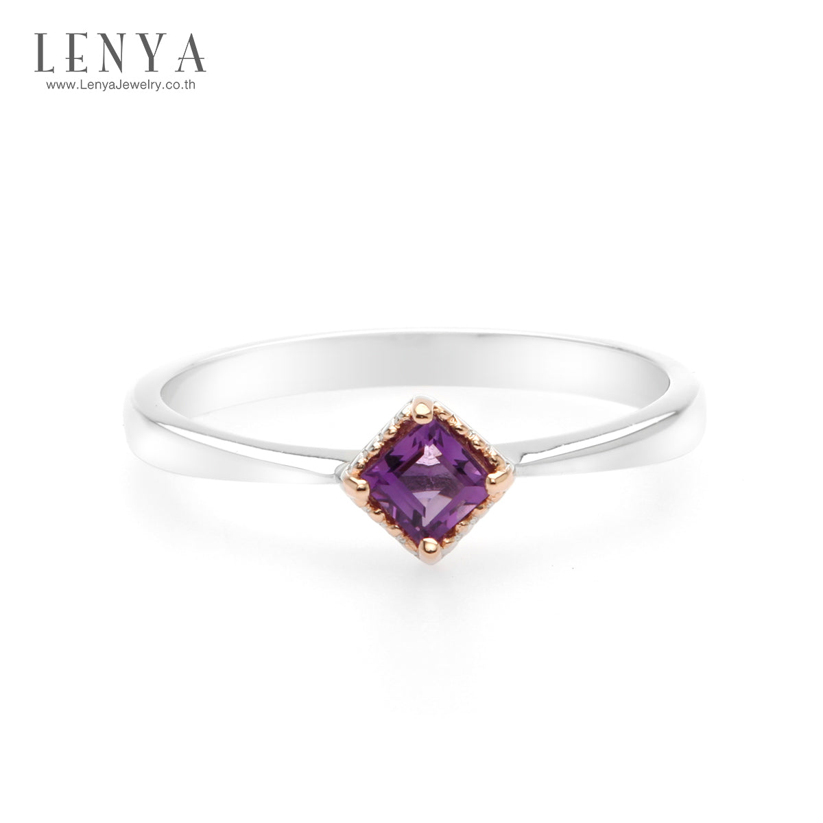 LENYA แหวนอเมทีสต์ (Amethyst) ทรงสี่เหลี่ยม ขนาด 3.00 mm ตัวเรือนเงินแท้ชุบทองโรเดียมและพิ้งค์โกล์ด
