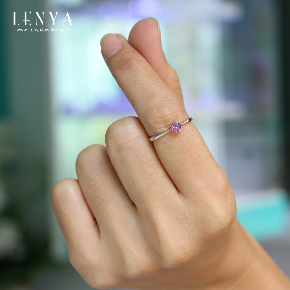 LENYA แหวนอเมทีสต์ (Amethyst) ทรงสี่เหลี่ยม ขนาด 3.00 mm ตัวเรือนเงินแท้ชุบทองโรเดียมและพิ้งค์โกล์ด