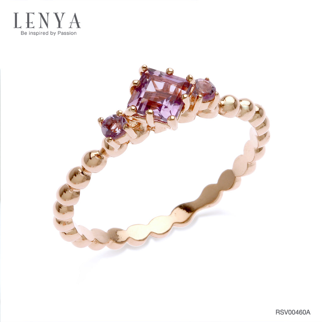 LENYA แหวนเงินแท้ ประดับอเมทิสต์ (Amethyst) ตัวเรือนทำลวดลาย Bubble เก๋สุดพร้อมชุบพิ้งค์โกล์ด
