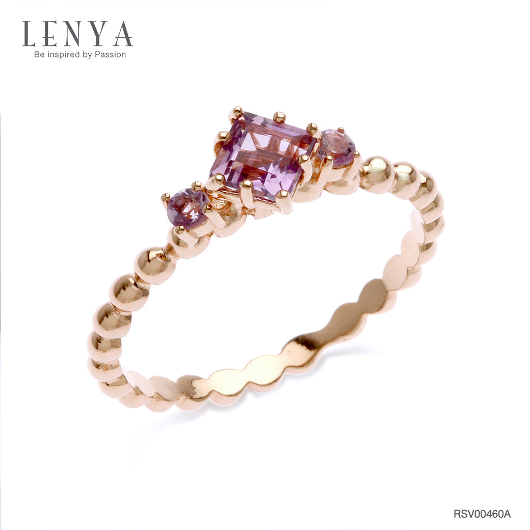 LENYA แหวนเงินแท้ ประดับอเมทิสต์ (Amethyst) ตัวเรือนทำลวดลาย Bubble เก๋สุดพร้อมชุบพิ้งค์โกล์ด