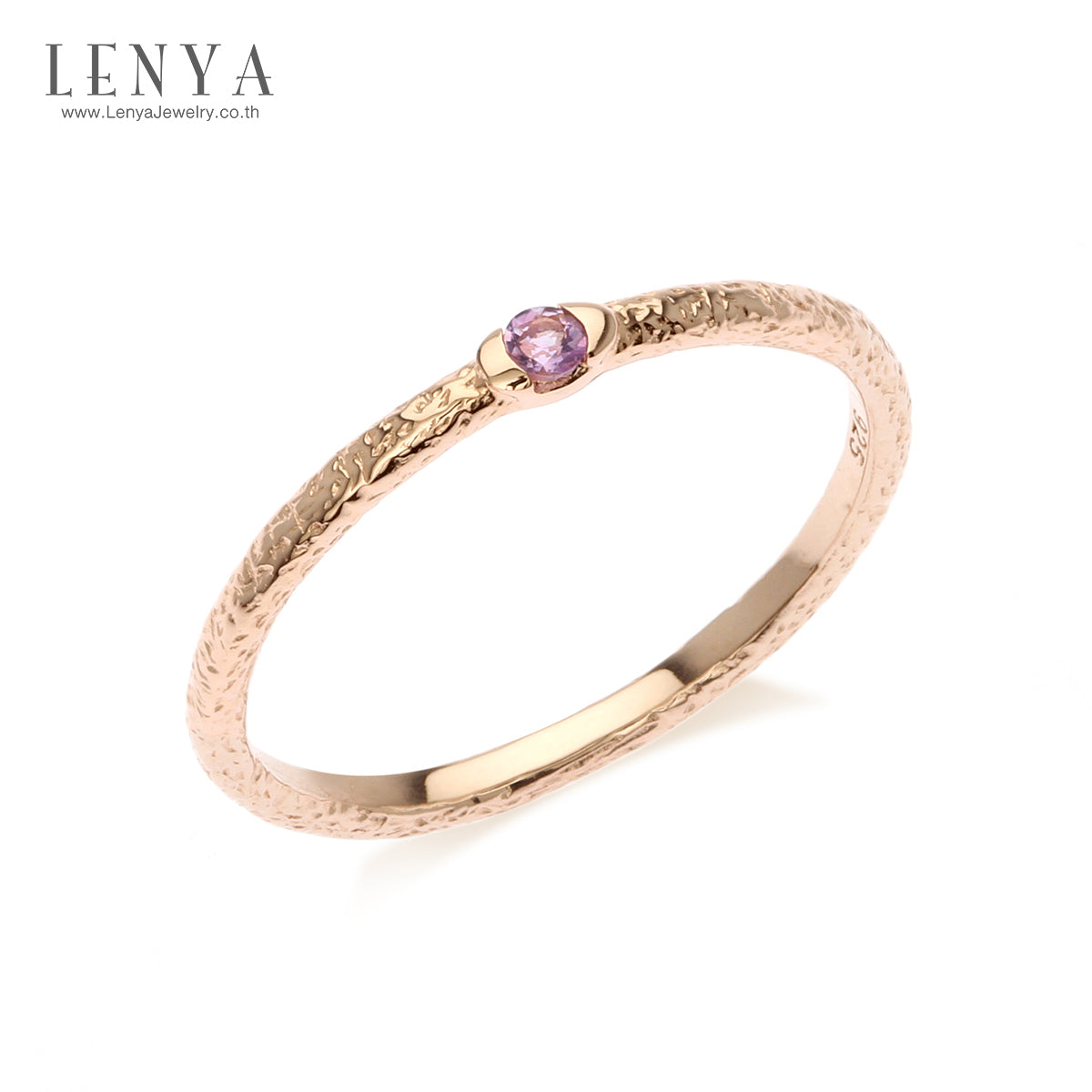 LENYA แหวนอเมทิสต์ (Amethyst) ตัวเรือนเงินแท้ชุบพิ้งโกล์ด ดีไซน์เรียบหรู ทำ Texture ที่ตัวเรือนเพิ่มความเก๋ไก๋