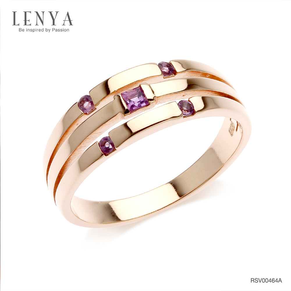 LENYA แหวนเงินแท้ ประดับอเมทิสต์ (Amethyst) ดีไซน์เรียบเก๋ สวยอย่างมีสไตล์ ตัวเรือนชุบพิ้งโกล์ด