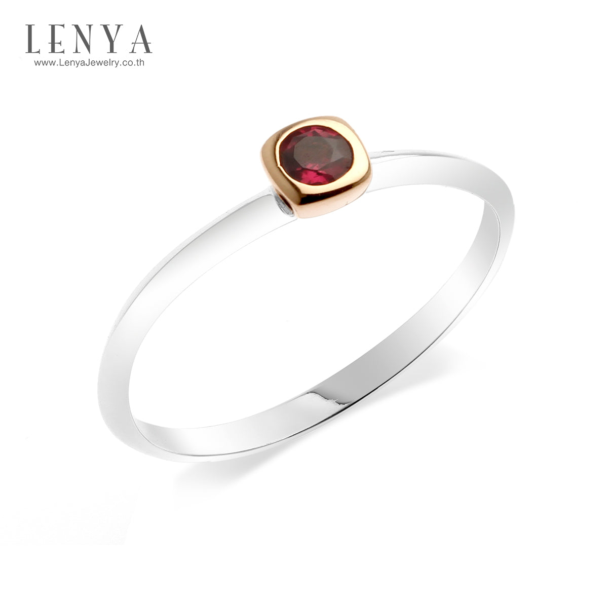 LENYA แหวนเงินแท้ ประดับพลอยสีม่วงอมแดง (Rhodolite) เม็ดเดี่ยว ชูความเก๋อย่างมีสไตล์ ตัวเรือนชุบ2ตัวเรือนชุบทองคำขาว และกระเปาะหุ้มพลอยชุบสีพิ้งโกล์ด