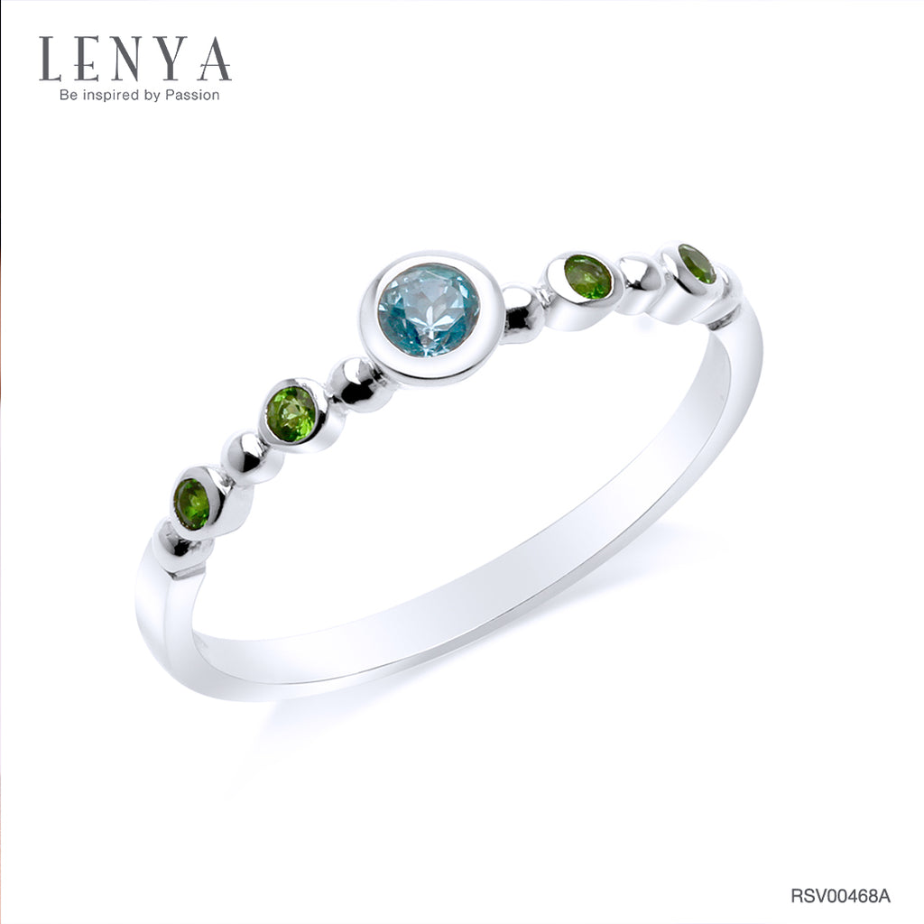 LENYA แหวนเงินแท้ ประดับบลูโทแพซ (Blue Topaz) และซาโวไรท์ (Tsavorite) ตัวเรือนชุบโรเดียม