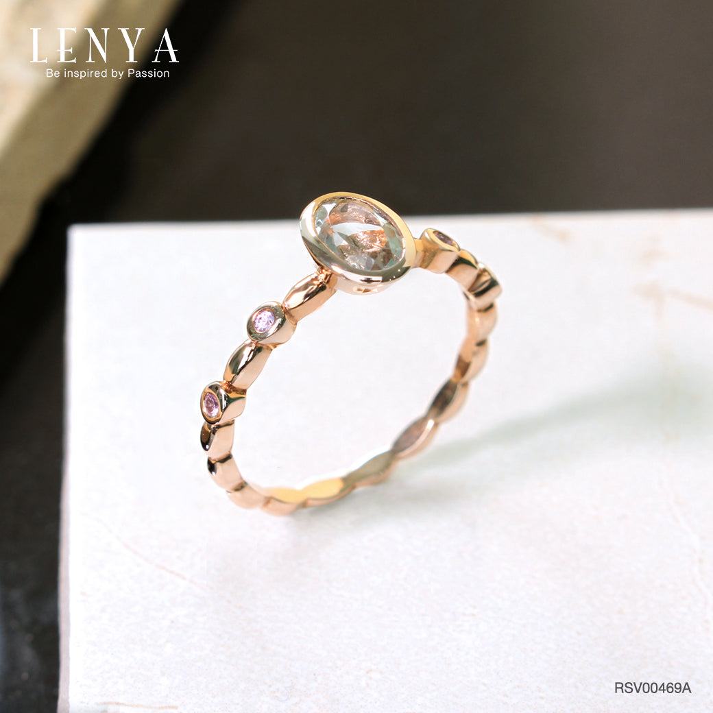 LENYA แหวนเงินแท้ ดีไซน์สุดเก๋ดูโดดเด่น ด้วยพลอยรูปไข่กรีนอเมทิสต์ (Green Amethyst)  และแซปไฟร์สีชมพู (Pink sapphire) ตัวเรือนชุบพิ้งโกล์ด