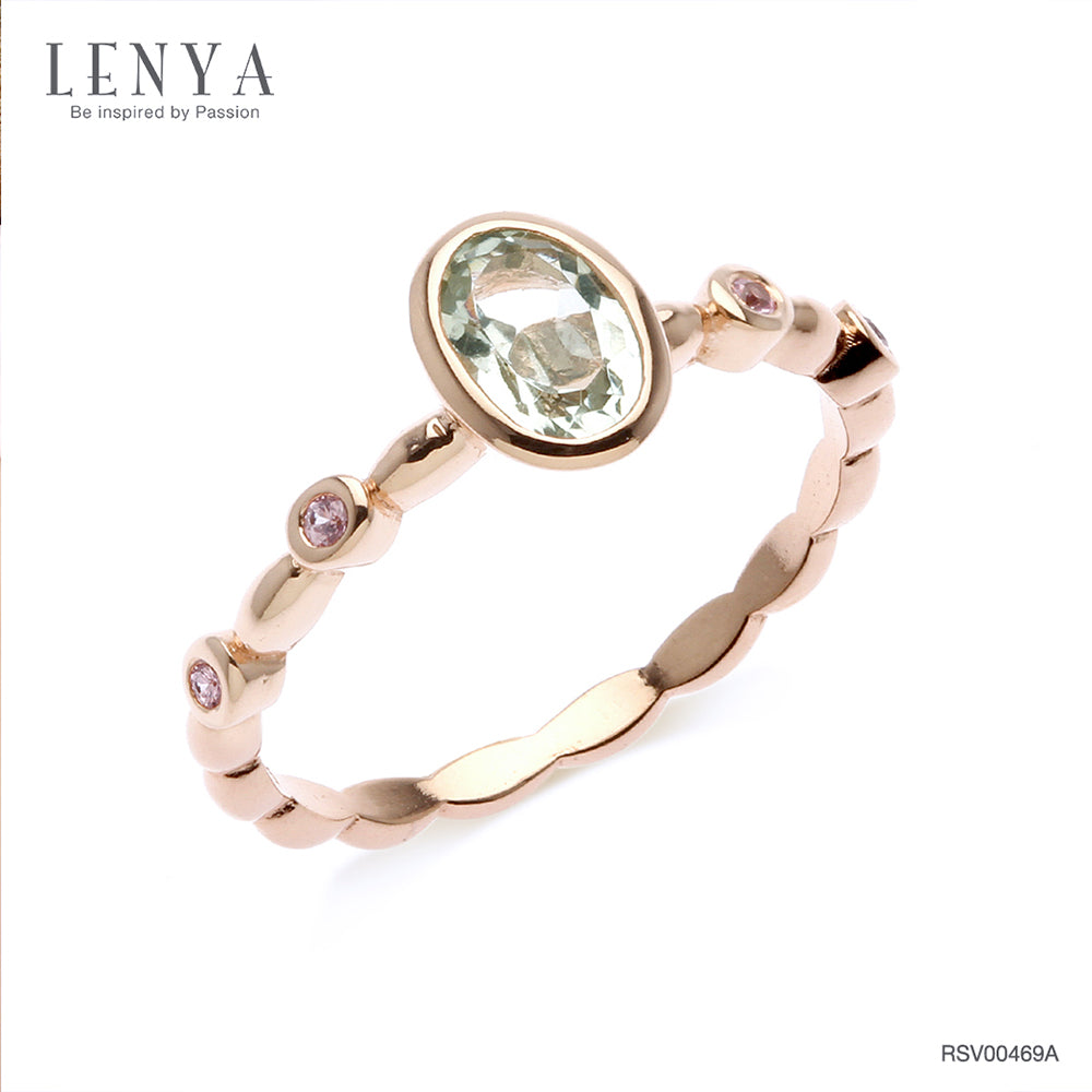 LENYA แหวนเงินแท้ ดีไซน์สุดเก๋ดูโดดเด่น ด้วยพลอยรูปไข่กรีนอเมทิสต์ (Green Amethyst)  และแซปไฟร์สีชมพู (Pink sapphire) ตัวเรือนชุบพิ้งโกล์ด