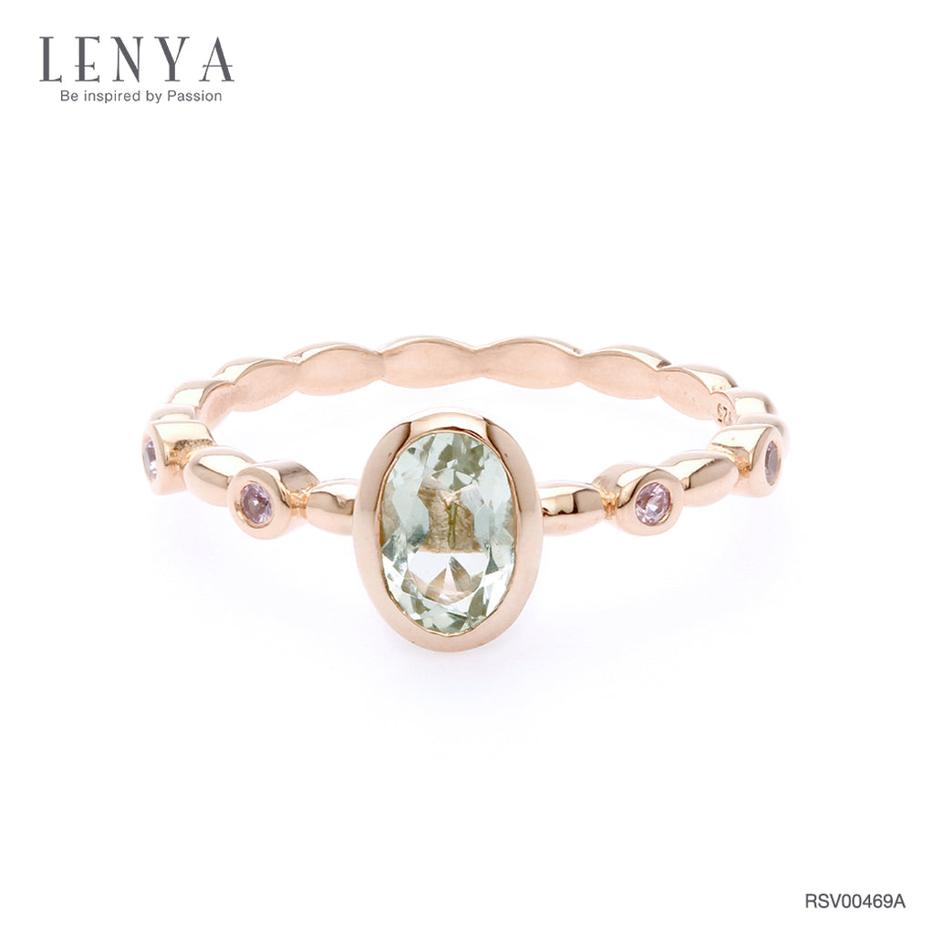 LENYA แหวนเงินแท้ ดีไซน์สุดเก๋ดูโดดเด่น ด้วยพลอยรูปไข่กรีนอเมทิสต์ (Green Amethyst)  และแซปไฟร์สีชมพู (Pink sapphire) ตัวเรือนชุบพิ้งโกล์ด