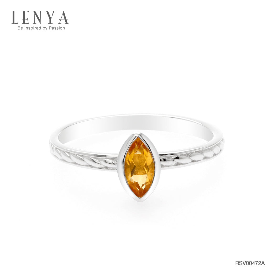 LENYA แหวนเงินแท้ ประดับพลอยสีเหลือง ซิทริน (citrine) ทรงมาร์คีย์ สวยเท่ห์อย่างมีสไตล์ ตัวเรือนชุบทองคำขาว