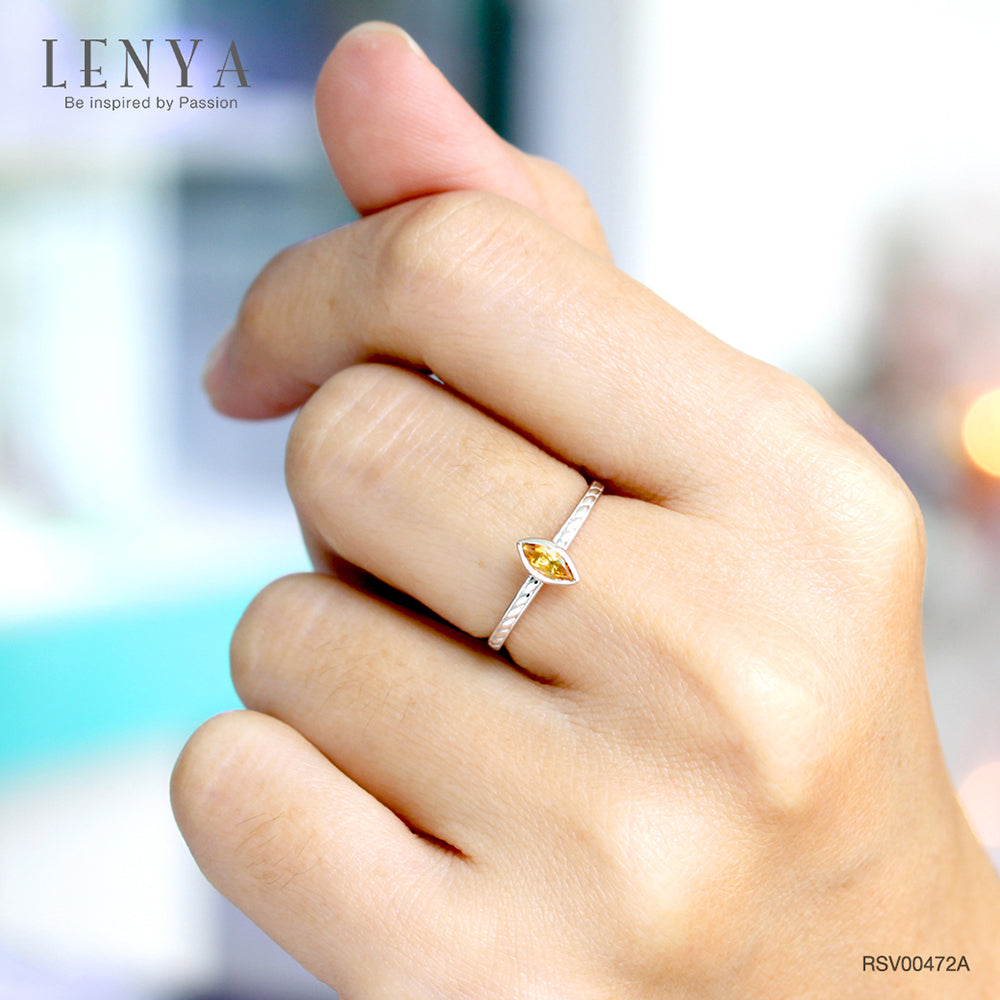 LENYA แหวนเงินแท้ ประดับพลอยสีเหลือง ซิทริน (citrine) ทรงมาร์คีย์ สวยเท่ห์อย่างมีสไตล์ ตัวเรือนชุบทองคำขาว