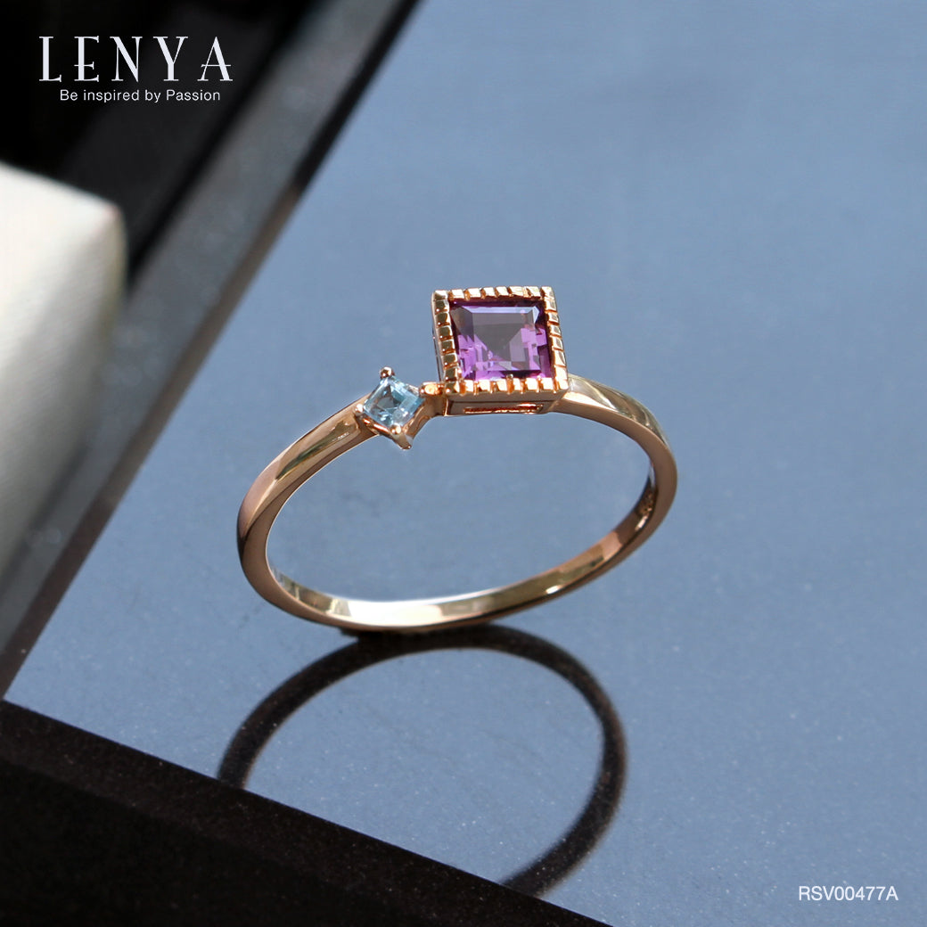 LENYA แหวนอเมทีสต์ (Amethyst) ประดับโทแพซสีฟ้า (Blue Topaz) เม็ดเล็ก ตัวเรือนเงินแท้ 925 ชุบพิ้งโกล์ด