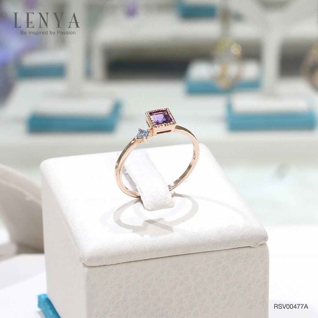 LENYA แหวนอเมทีสต์ (Amethyst) ประดับโทแพซสีฟ้า (Blue Topaz) เม็ดเล็ก ตัวเรือนเงินแท้ 925 ชุบพิ้งโกล์ด