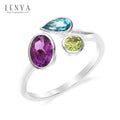LENYA แหวนเงินแท้ ประดับอเมทีสต์ (Amethyst) สีม่วงรูปไข่ โทแพซสีฟ้า (Blue Topaz) ทรงหยดน้ำ และเพอริดอต (Peridot) สีเขียว ตัวเรือนชุบโรเดียม