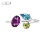 LENYA แหวนเงินแท้ ประดับอเมทีสต์ (Amethyst) สีม่วงรูปไข่ โทแพซสีฟ้า (Blue Topaz) ทรงหยดน้ำ และเพอริดอต (Peridot) สีเขียว ตัวเรือนชุบโรเดียม