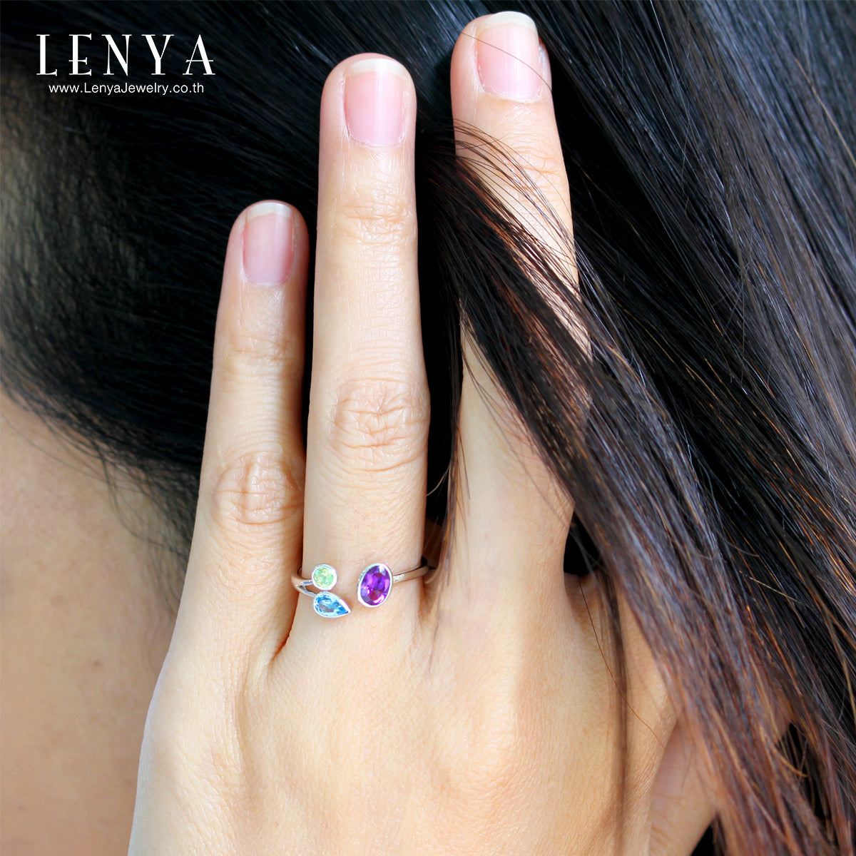 LENYA แหวนเงินแท้ ประดับอเมทีสต์ (Amethyst) สีม่วงรูปไข่ โทแพซสีฟ้า (Blue Topaz) ทรงหยดน้ำ และเพอริดอต (Peridot) สีเขียว ตัวเรือนชุบโรเดียม