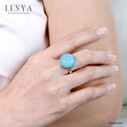 LENYA แหวนเงินแท้ประดับด้วยอะเมโซไนต์ ( Amazonite) เม็ดกลมใหญ่เจียระไนแบบหลังเบี้ย ดีไซน์เรียบเก๋ มีสไตล์ ตัวเรือนทำลวดลาย ดูทันสมัย ชุบด้วยทองขาว