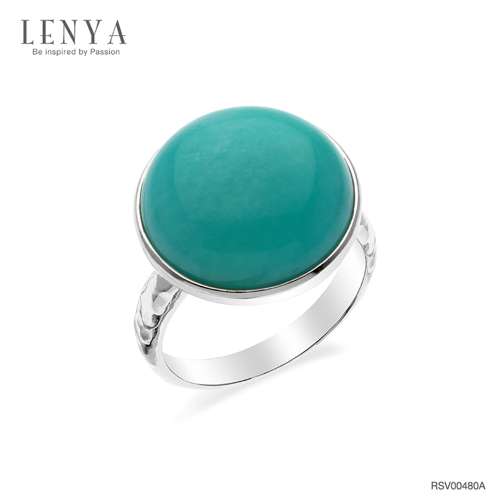 LENYA แหวนเงินแท้ประดับด้วยอะเมโซไนต์ ( Amazonite) เม็ดกลมใหญ่เจียระไนแบบหลังเบี้ย ดีไซน์เรียบเก๋ มีสไตล์ ตัวเรือนทำลวดลาย ดูทันสมัย ชุบด้วยทองขาว