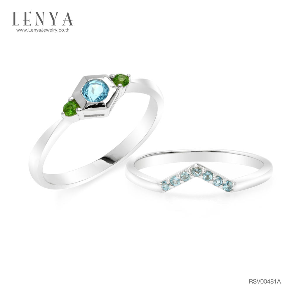 แหวนบลูโทแพซ (Blue Topaz) ประดับโครมไดออพไซต์ (Chrome Diopside) ตัวเรือนเงินแท้ชุบโรเดียม