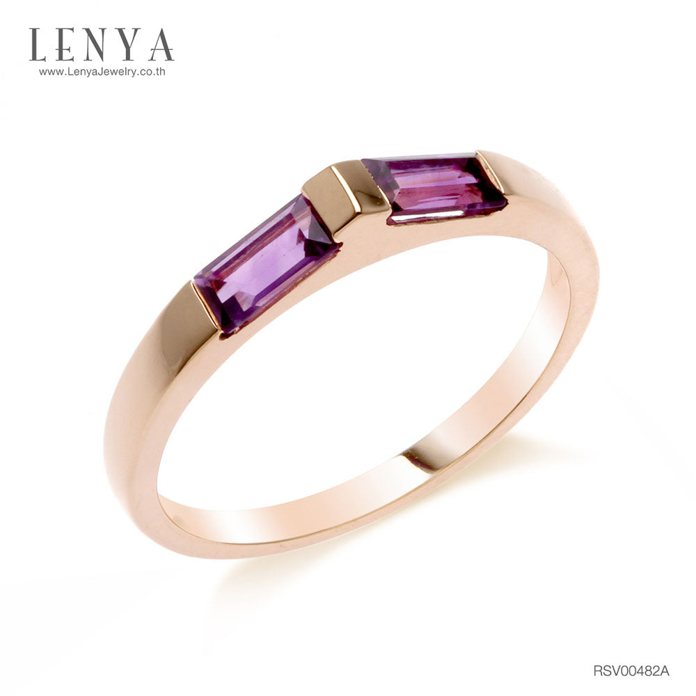 LENYA แหวนอเมทิสต์ (Amethyst) ทรงบาเกต ตัวเรือนเงินแท้ชุบพิ้งโกล์ด ดีไซน์โฉบเฉี่ยว เรียบหรูดูแพง