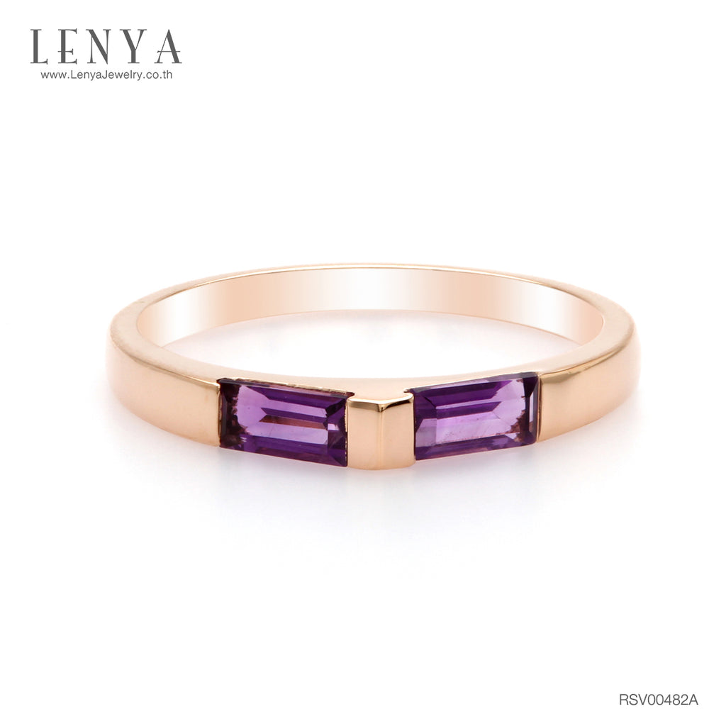 LENYA แหวนอเมทิสต์ (Amethyst) ทรงบาเกต ตัวเรือนเงินแท้ชุบพิ้งโกล์ด ดีไซน์โฉบเฉี่ยว เรียบหรูดูแพง