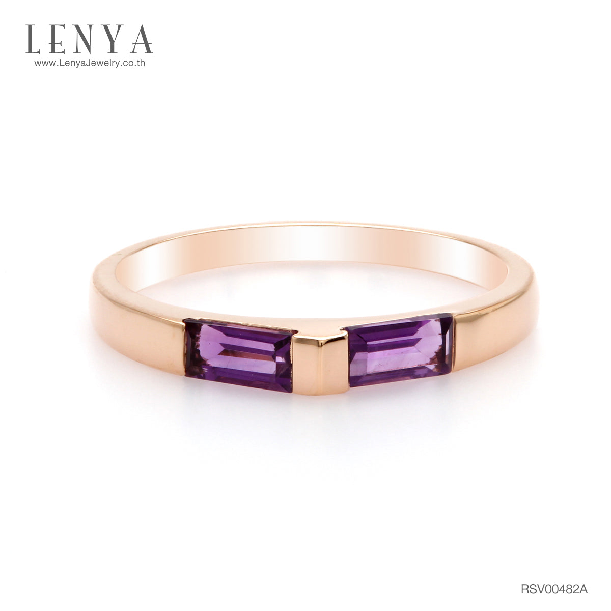 LENYA แหวนอเมทิสต์ (Amethyst) ทรงบาเกต ตัวเรือนเงินแท้ชุบพิ้งโกล์ด ดีไซน์โฉบเฉี่ยว เรียบหรูดูแพง