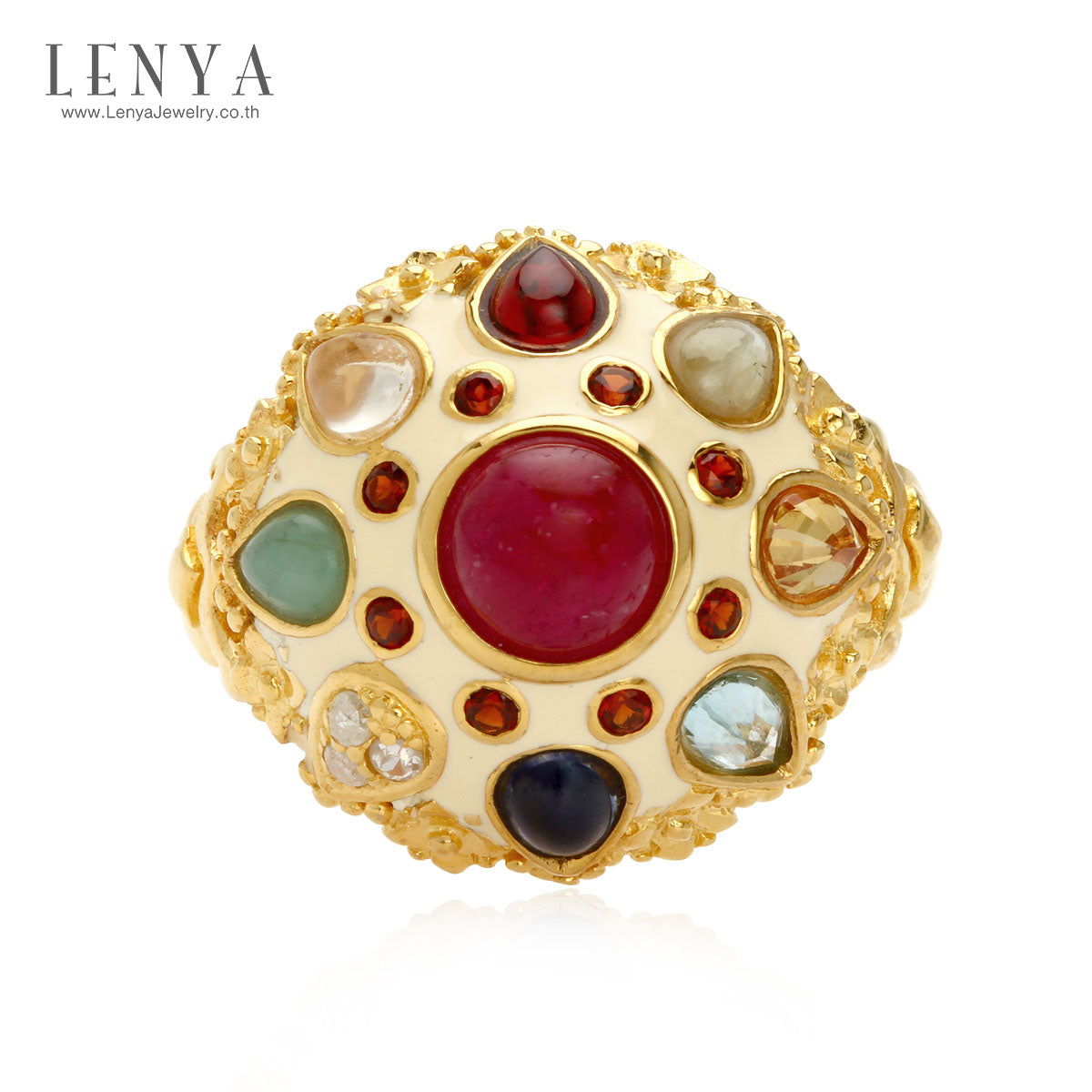 LENYA แหวนมณีนพเก้า ที่สุดของความมั่งมีกับอัญมณีไทย 9 ประการ  ทำขึ้นจากเงินแท้ 925 ชุบทองคำ ประดับพลอยนพรัตน์ ให้ชีวิตดีขึ้น 9 เท่า