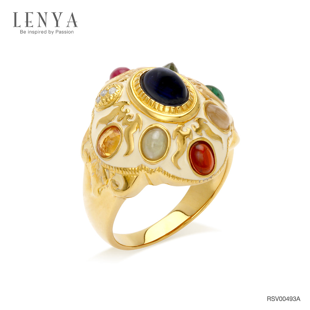 LENYA แหวนมณีนพเก้า ที่สุดของความมั่งมีกับอัญมณีไทย 9 ประการ  ทำขึ้นจากเงินแท้ 925 ชุบทองคำ ประดับพลอยนพรัตน์ ให้ชีวิตดีขึ้น 9 เท่า