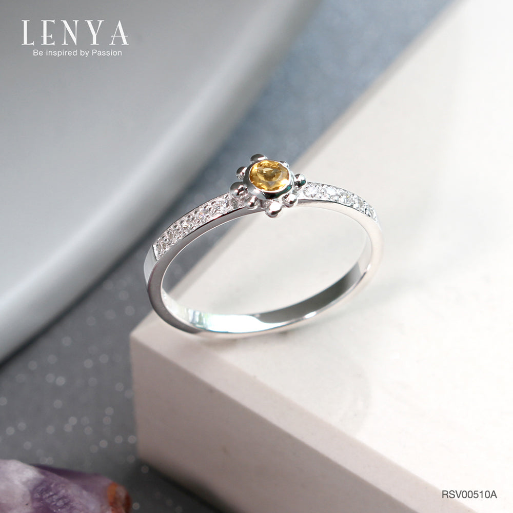 LENYA แหวนซิทริน(Citrine)  สีเหลือง และ คิวบิกเซอร์โคเนีย (Cubic Zirconia) ตัวเรือนเงิน ชุบทองคำขาว (Rhodium) ดีไซน์ น่ารักๆ เพิ่มสเน่ห์บนเรียวนิ้วได้อย่างมีสไตล์