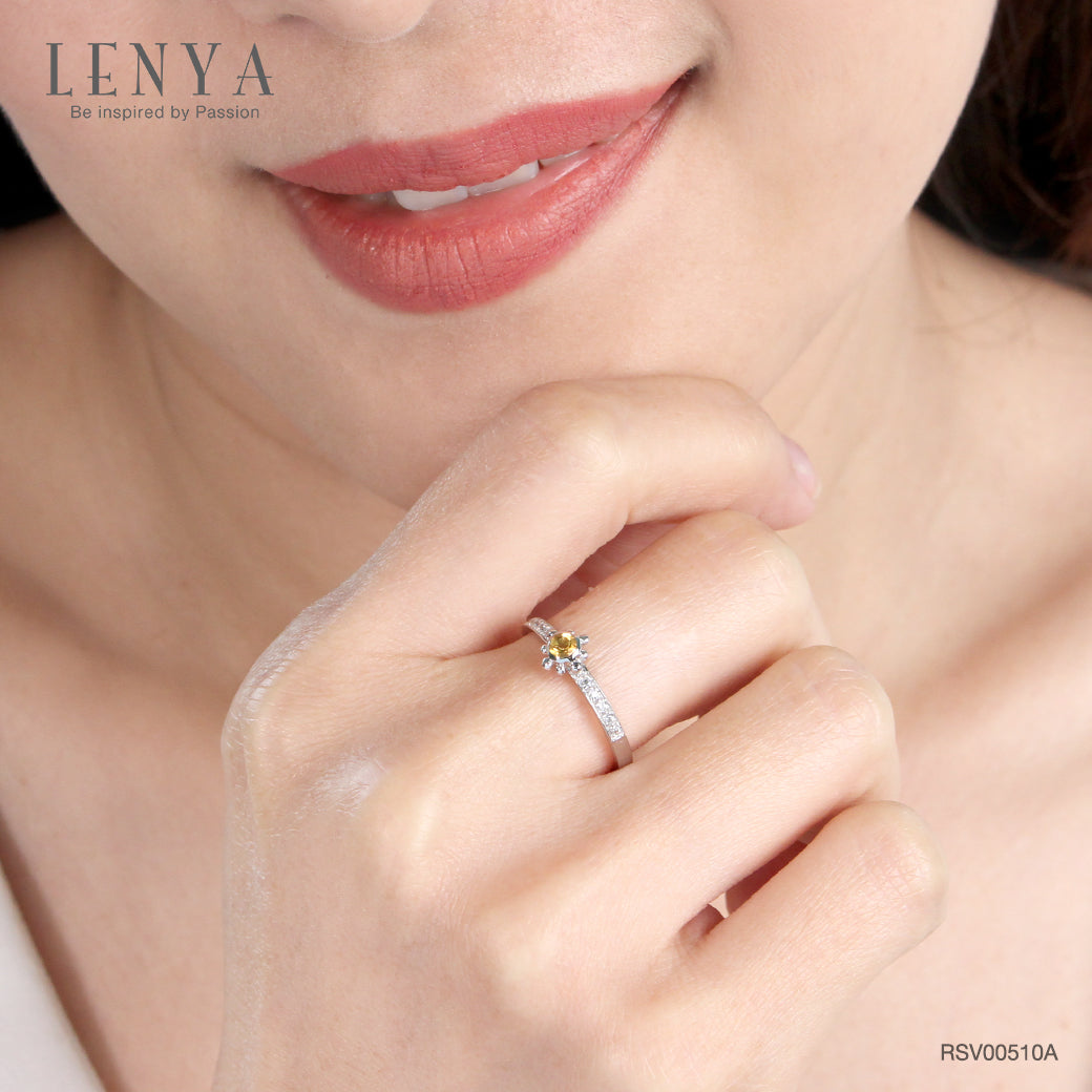 LENYA แหวนซิทริน(Citrine)  สีเหลือง และ คิวบิกเซอร์โคเนีย (Cubic Zirconia) ตัวเรือนเงิน ชุบทองคำขาว (Rhodium) ดีไซน์ น่ารักๆ เพิ่มสเน่ห์บนเรียวนิ้วได้อย่างมีสไตล์