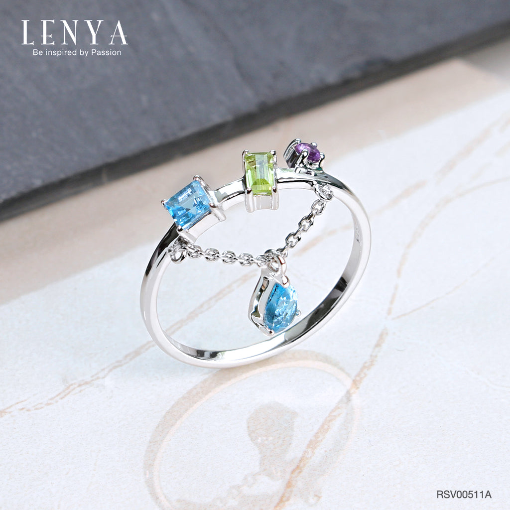 LENYA แหวนเงินแท้ ดีไซน์เก๋ไก๋ ประดับพลอยอเมทิสต์ (Amethyst) บลูโทแพซ (Blue Topaz) เพอริดอท (Peridot) แหวนสวยไม่ซ้ำใคร หรูหรา เหมาะกับสาวๆ