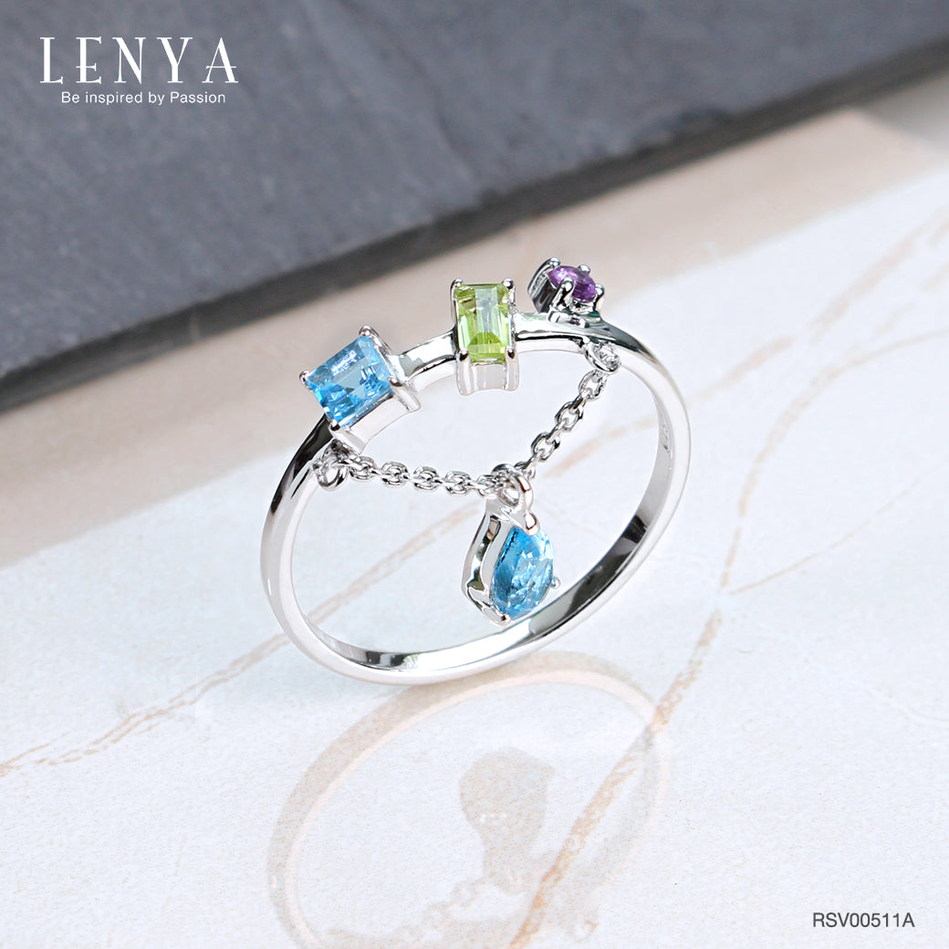 LENYA แหวนเงินแท้ ดีไซน์เก๋ไก๋ ประดับพลอยอเมทิสต์ (Amethyst) บลูโทแพซ (Blue Topaz) เพอริดอท (Peridot) แหวนสวยไม่ซ้ำใคร หรูหรา เหมาะกับสาวๆ