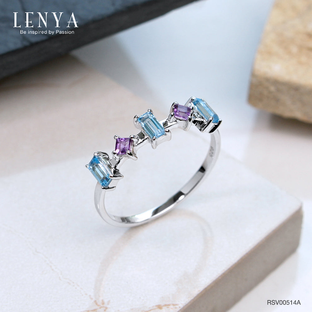 LENYA แหวนเงินแท้ ดีไซน์เก๋ไก๋ ประดับพลอยอเมทิสต์ (Amethyst) บลูโทแพซ (Blue Topaz) แหวนสวยไม่ซ้ำใคร หรูหรา เหมาะกับสาวๆ
