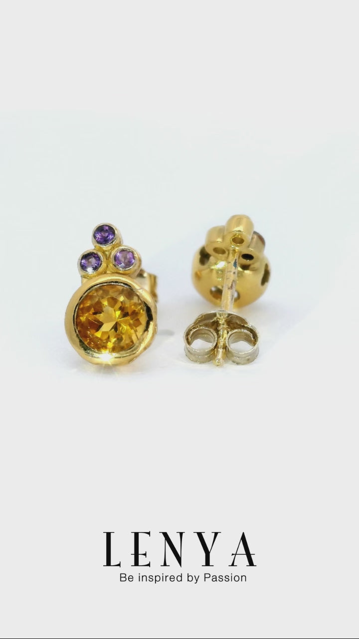 LENYA ต่างหูพลอยซิทริน (Citrine) ประดับพลอยอเมทิสต์ สีสันสดใส ตัวเรือนเงินแท้ชุบทอง