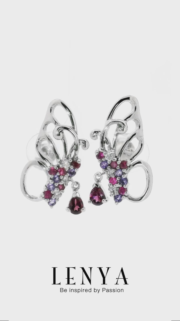 LENYA ต่างหูดีไซน์สวยทรงผีเสื้อ ประดับพลอยโรโดไลท์ (Rhodolite) อเมทีส (Amethyst) ทับทิม (Ruby) และ คิวบิกเซอร์โคเนีย (Cubic Zirconia)