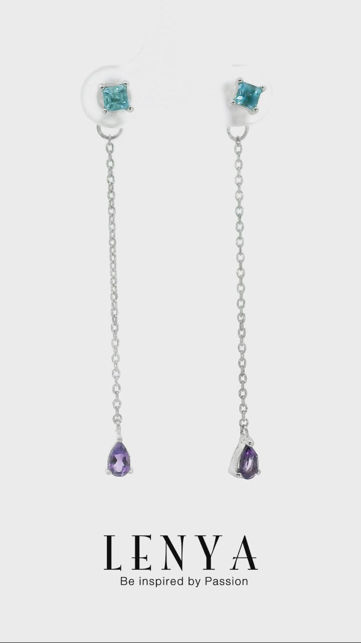 LENYA ต่างหูสร้อยตุ้งติ้ง ประดับด้วย บลูโทแพซ(Blue Topaz) และ อเมทีสต์ (Amethyst) ตัวเรือนเงินแท้ 925 ชุบทองขาว สวยงามไม่ซ้ำใคร