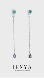 LENYA ต่างหูสร้อยตุ้งติ้ง ประดับด้วย บลูโทแพซ(Blue Topaz) และ อเมทีสต์ (Amethyst) ตัวเรือนเงินแท้ 925 ชุบทองขาว สวยงามไม่ซ้ำใคร