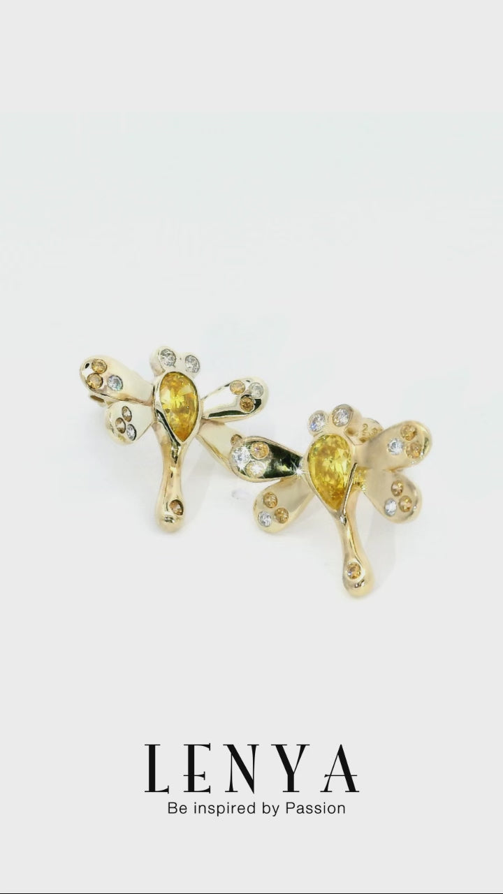 LENYA ต่างหู CZ สีเหลือง จาก SWAROVSKI ดีไซน์เก๋ทันสมัย ขนาด 6x4 มิล ตัวเรือนเงินแท้925 ชุบสีทองคำ